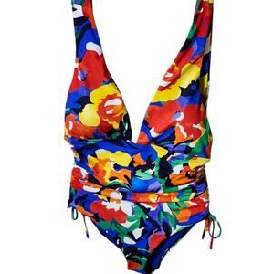 NEW Lauren Ralph Lauren Bold Abstract Floral Print One Piece Swimsuit Sz 16